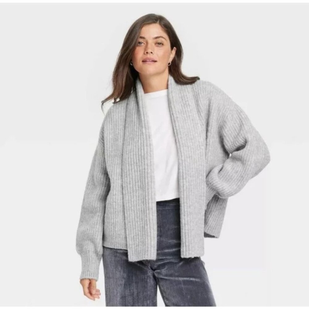 Universal Thread Chunky Ribbed Knit Cardigan Sweater S Attached Scarf Gray